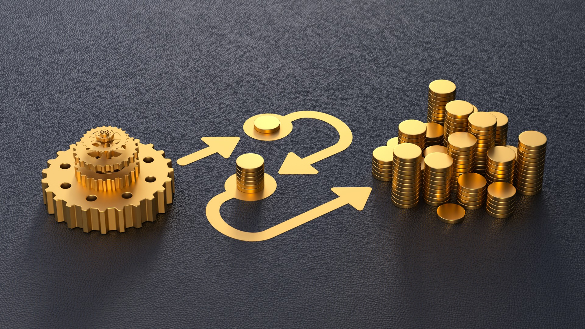 Machine Gear with Arrows Progressing Towards Increasing Stacks of Money, Representing Financial Growth Through Consistent Effort. 3D Rendering